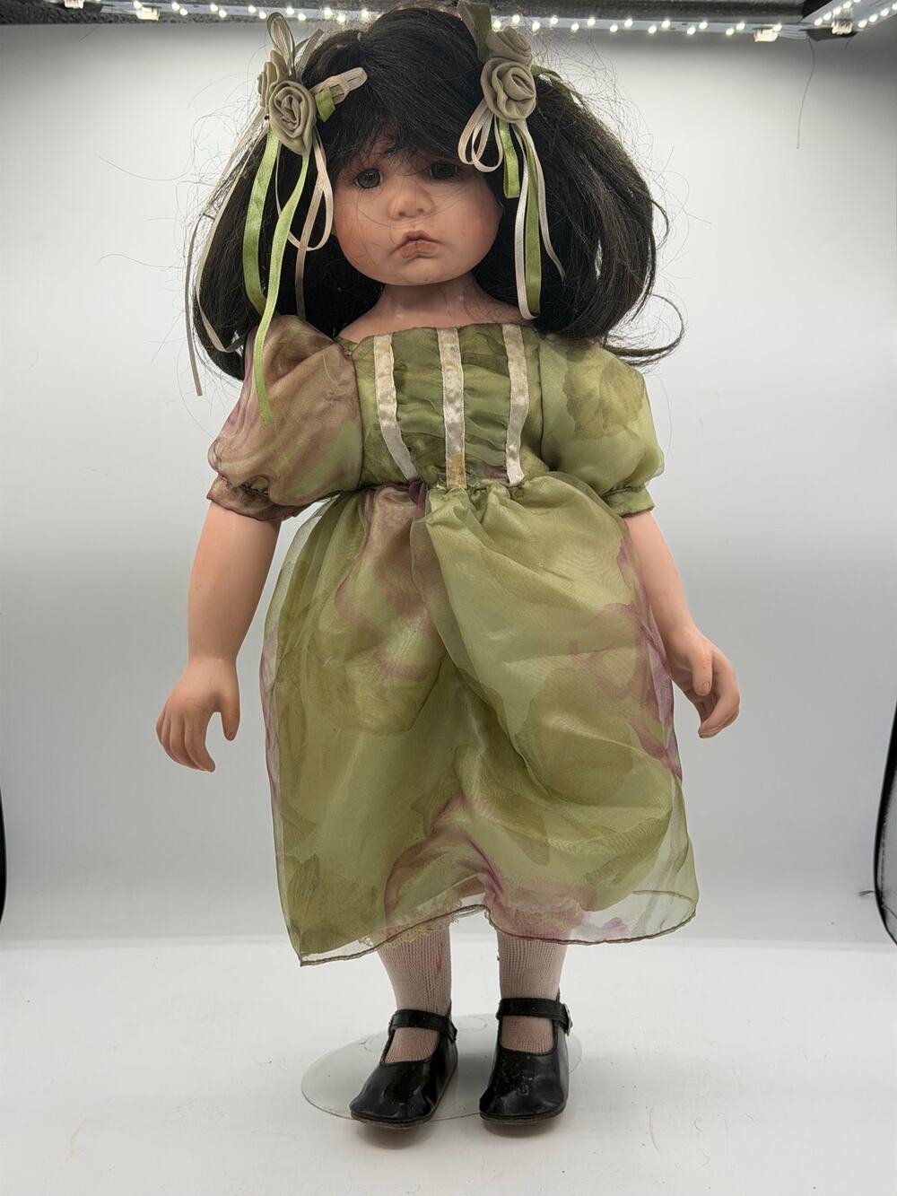 Vintage 16-Inch Porcelain Doll - Dark Hair / Green Floral - Dress Stand Included